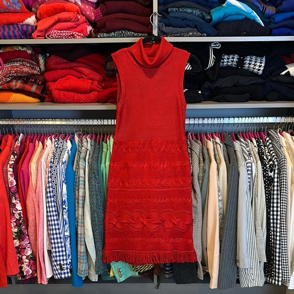 Calvin Klein red sleeveless turtleneck fringe hem dress size XSP - Picture 1 of 3